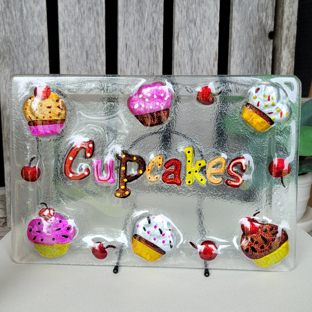 Cupcakes & Cherries Handpainted Fused Glass Rectangle Platter - Picture 5 of 8